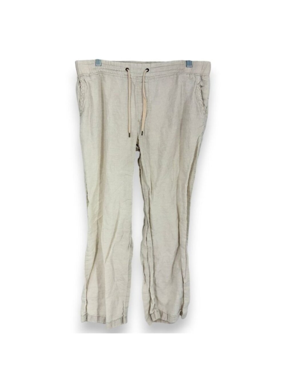 LL Bean Women 14 100% Linen Pants Pull On Stretch Waist Drawstring Ankle Beige